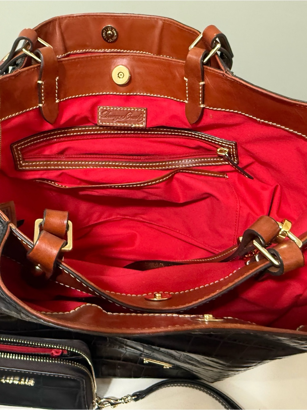 Dooney & Bourke Espresso Croc-Embossed Tote with Red Interior with wallet - Picture 2 of 3